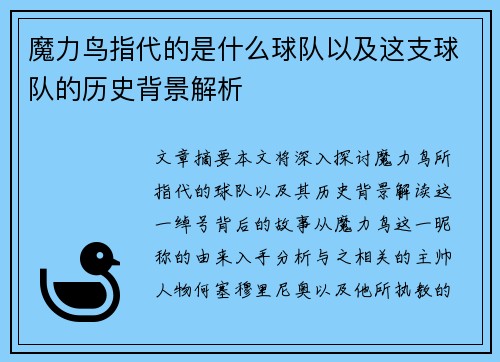 魔力鸟指代的是什么球队以及这支球队的历史背景解析